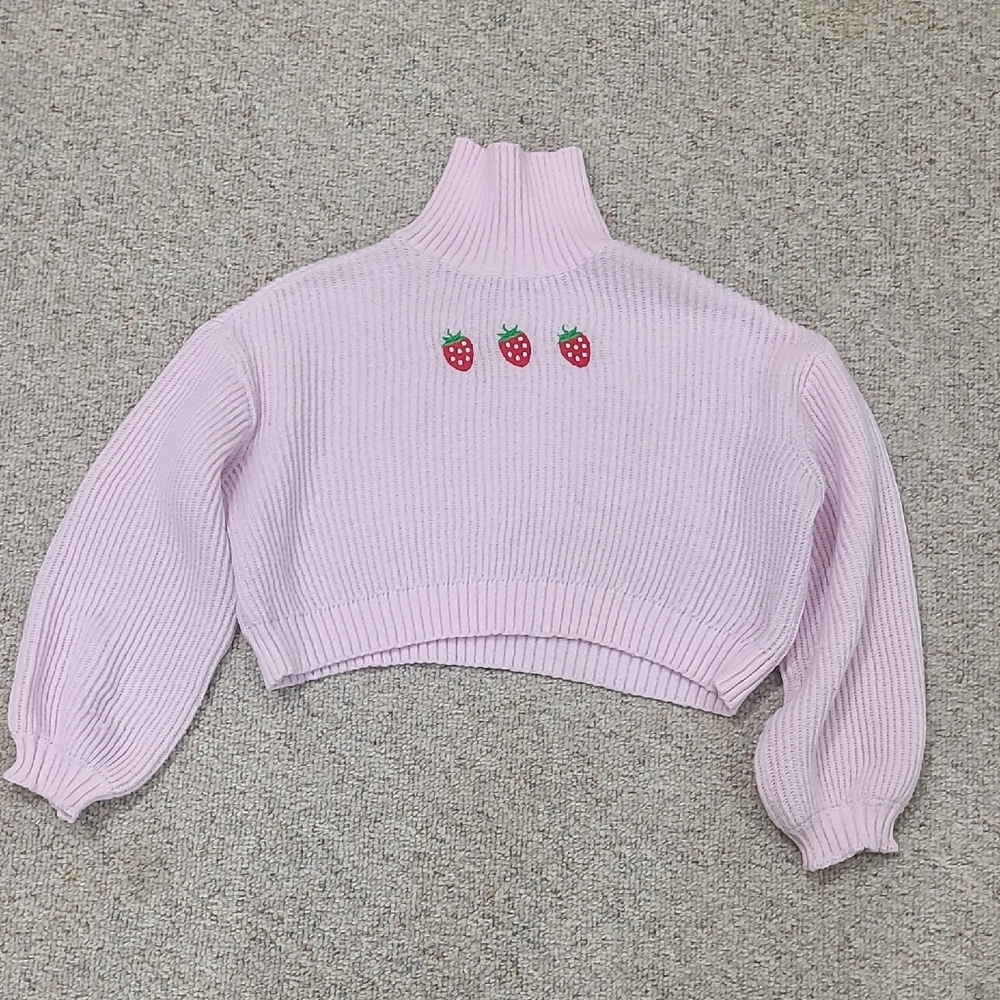 Pink Cropped Sweater with Strawberry Embroidery